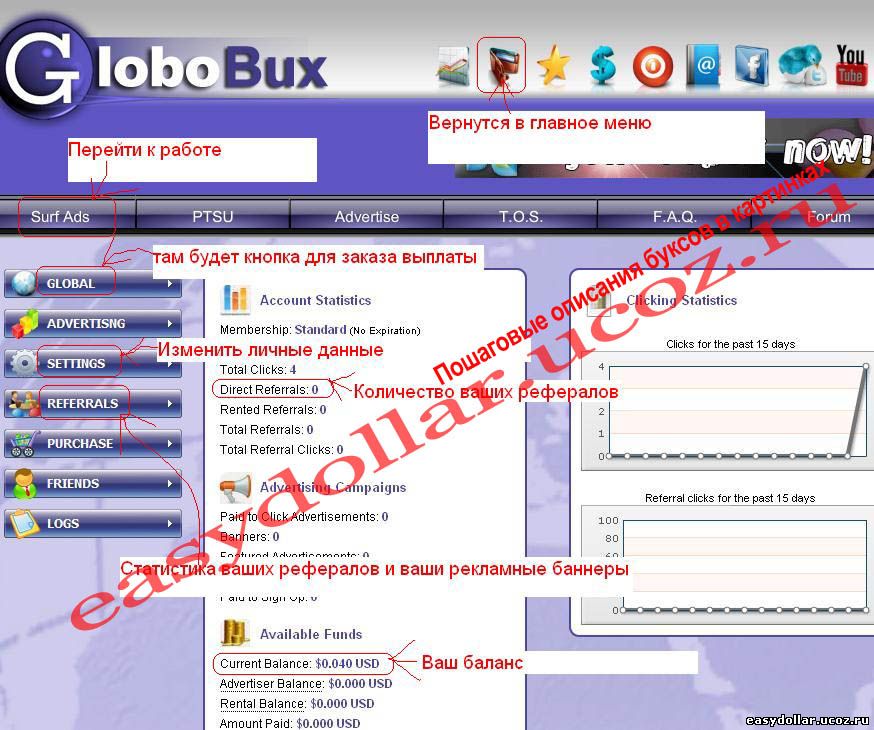 Главное меню Globobux