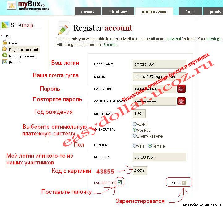 Пример регистрации в myBux.co