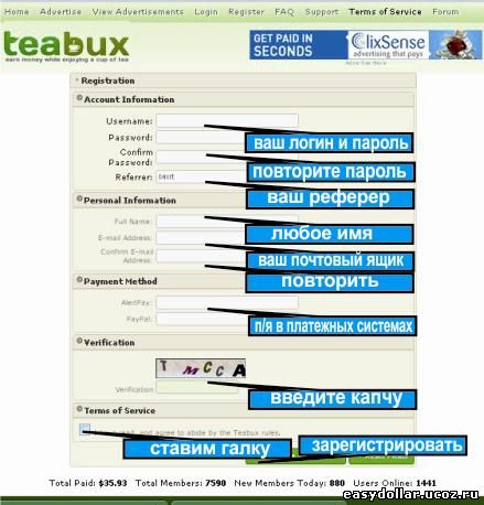 Регистрация в teabux