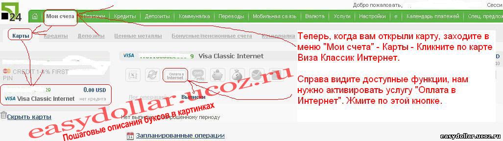 Активация услуги Оплата в Интернет для карты Visa Classic Internet